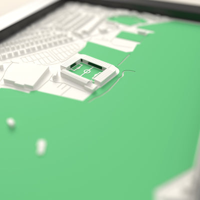 3D Home Park Map Framed - Close-up across the 3D map: the real Home Park stands with green seats around the green pitch