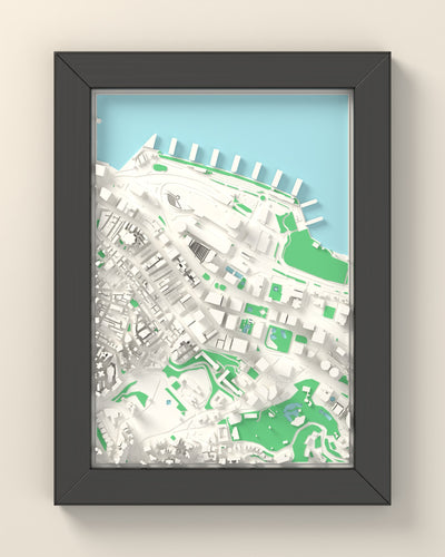 3D Hong Kong Map Framed - 3D printed Hong Kong map in a black wooden A5 frame, lit from the side