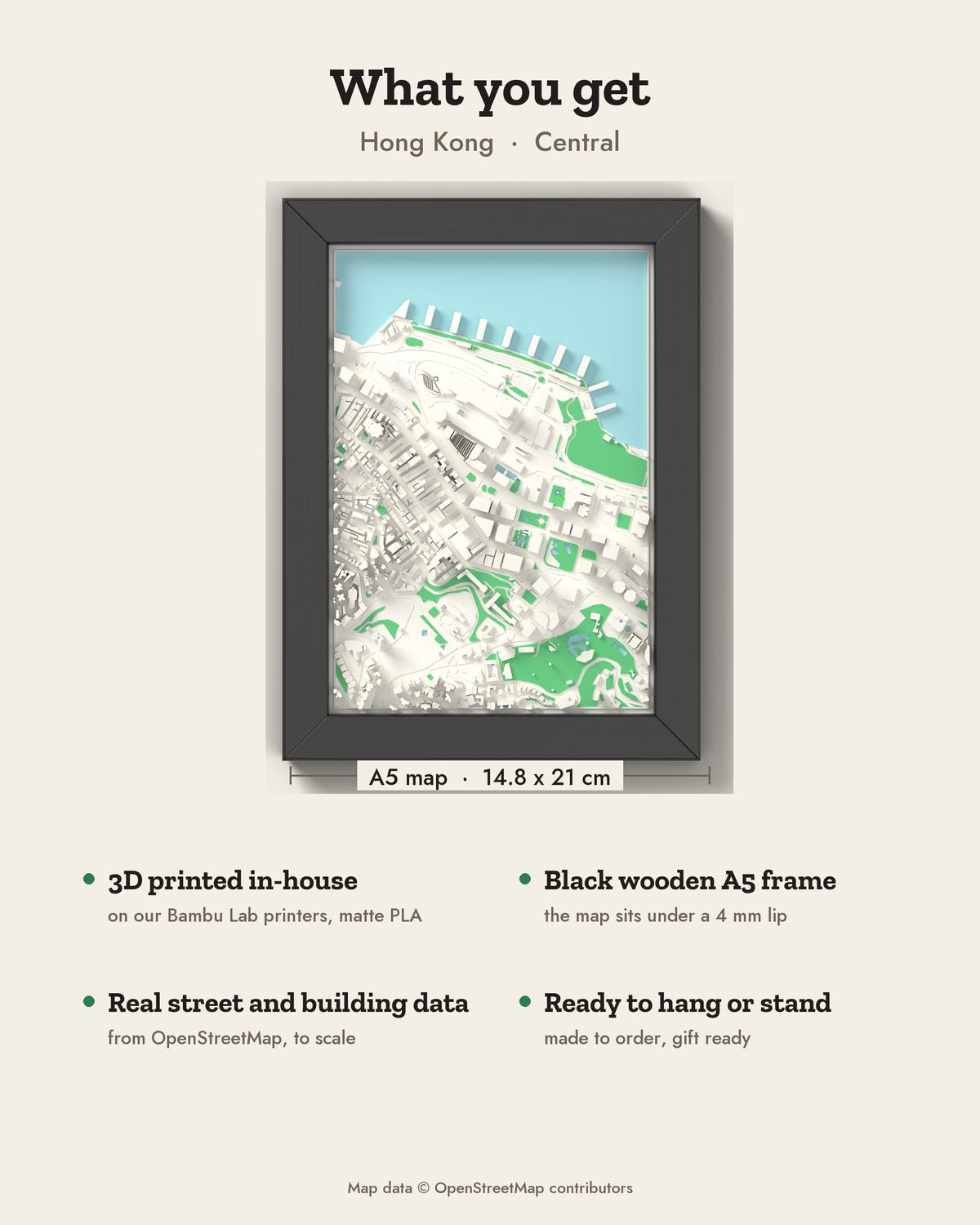 3D Hong Kong Map Framed - What you get: A5 3D city map, 14.8 x 21 cm, in a black wooden frame