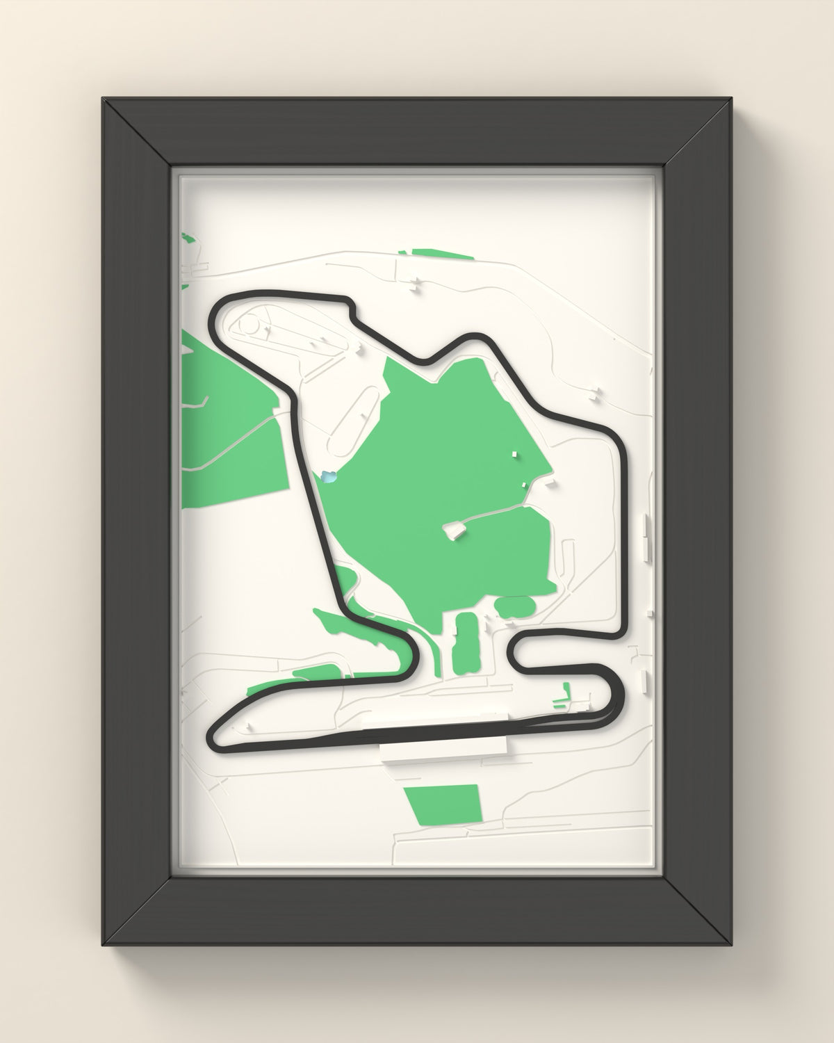 3D Hungaroring Map Framed - 3D printed Hungaroring map in a black wooden A5 frame, the track raised in dark grey