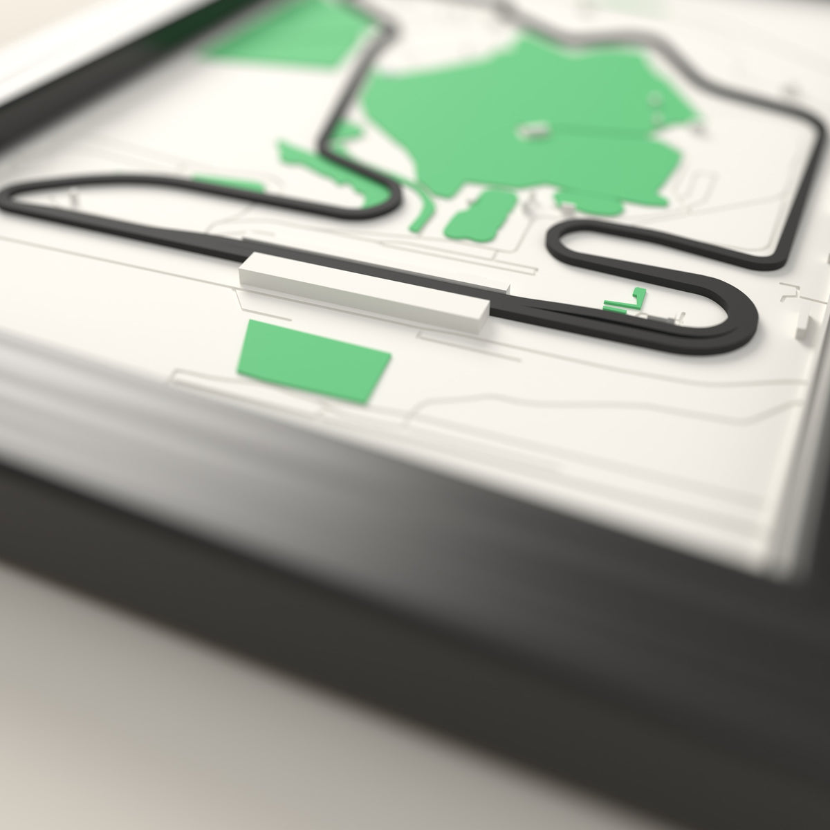 3D Hungaroring Map Framed - Close-up across the 3D map: the Hungaroring track standing up from the map