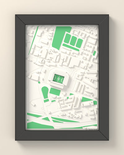 3D Ibrox Stadium Map Framed - 3D printed Ibrox Stadium map in a black wooden A5 frame, lit from the side