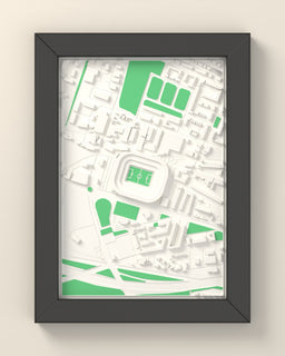 3D Ibrox Stadium Map Framed - 3D printed Ibrox Stadium map in a black wooden A5 frame, lit from the side