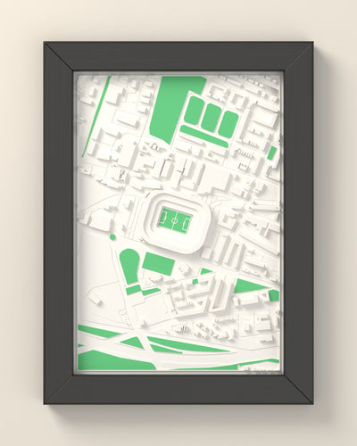 3D Ibrox Stadium Map Framed - 3D printed Ibrox Stadium map in a black wooden A5 frame, lit from the side