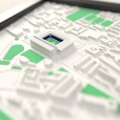 3D Ibrox Stadium Map Framed - Close-up across the 3D map: the real Ibrox Stadium stands with royal blue seats around the green pitch