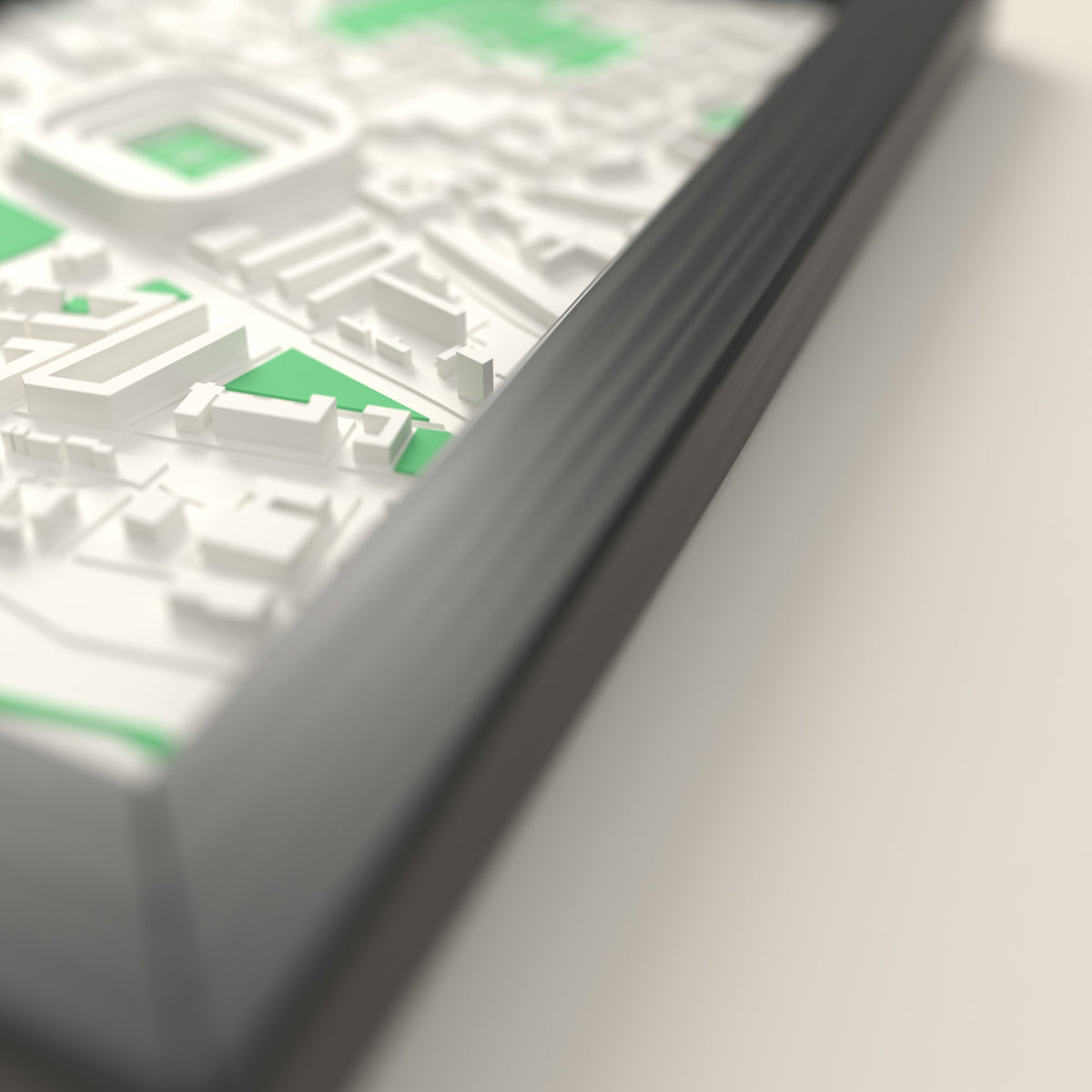 3D Ibrox Stadium Map Framed - Close-up across the 3D map showing the Ibrox Stadium stands and green pitch standing up from the streets