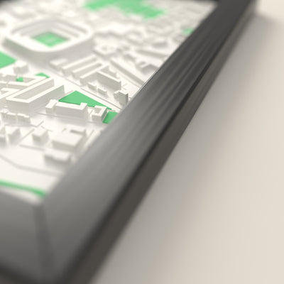 3D Ibrox Stadium Map Framed - Close-up across the 3D map showing the Ibrox Stadium stands and green pitch standing up from the streets