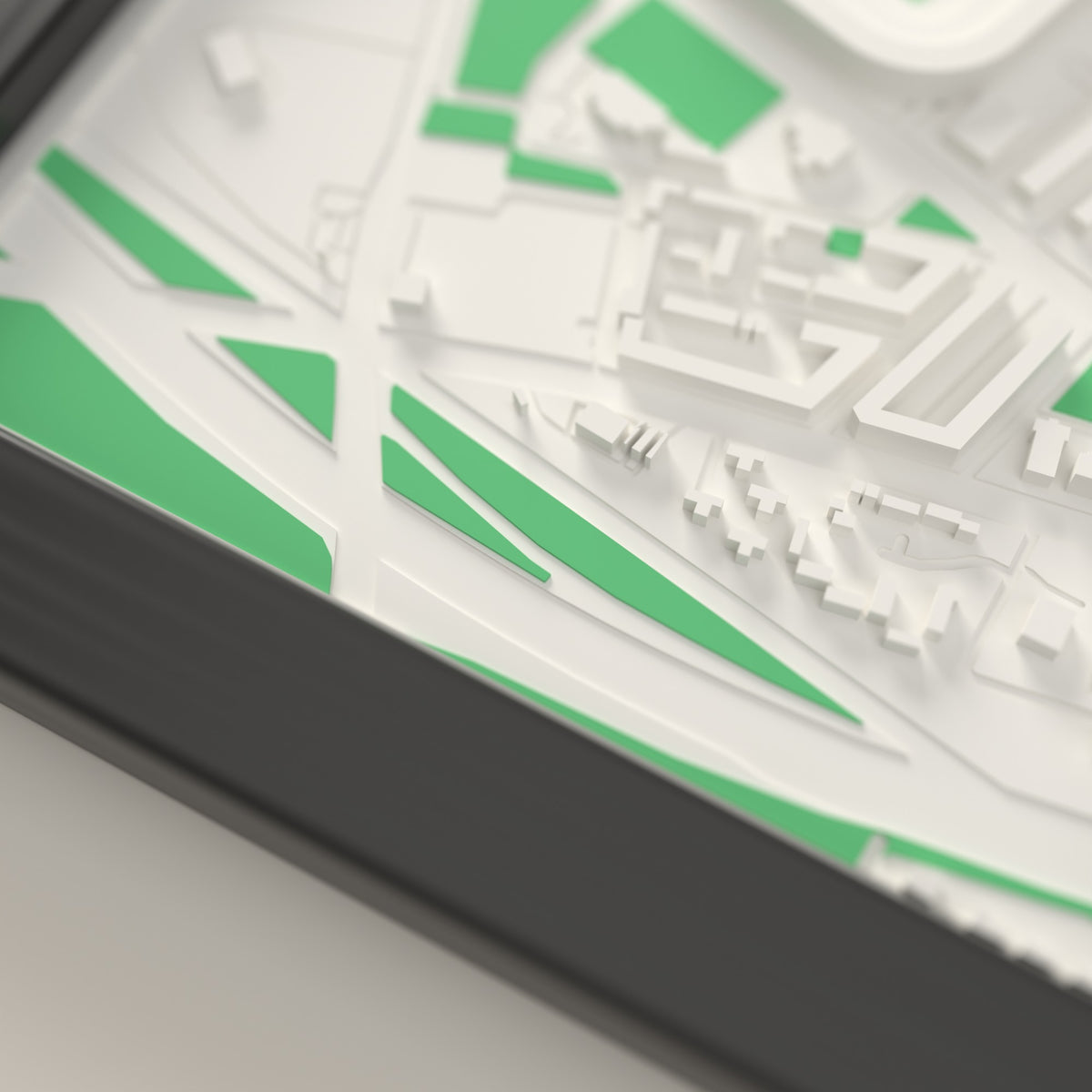 3D Ibrox Stadium Map Framed - Close-up of the raised streets and buildings around Ibrox Stadium on the 3D printed map