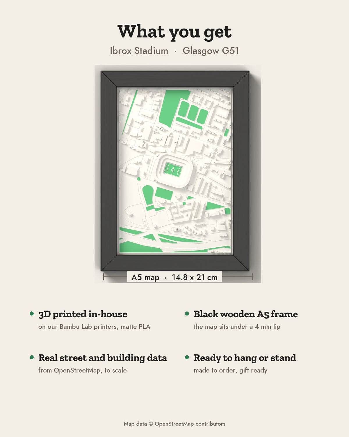 3D Ibrox Stadium Map Framed - What you get: A5 3D stadium map, 14.8 x 21 cm, in a black wooden frame