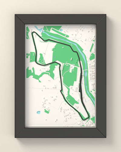 3D Imola Circuit Map Framed - 3D printed Imola Circuit map in a black wooden A5 frame, the track raised in dark grey