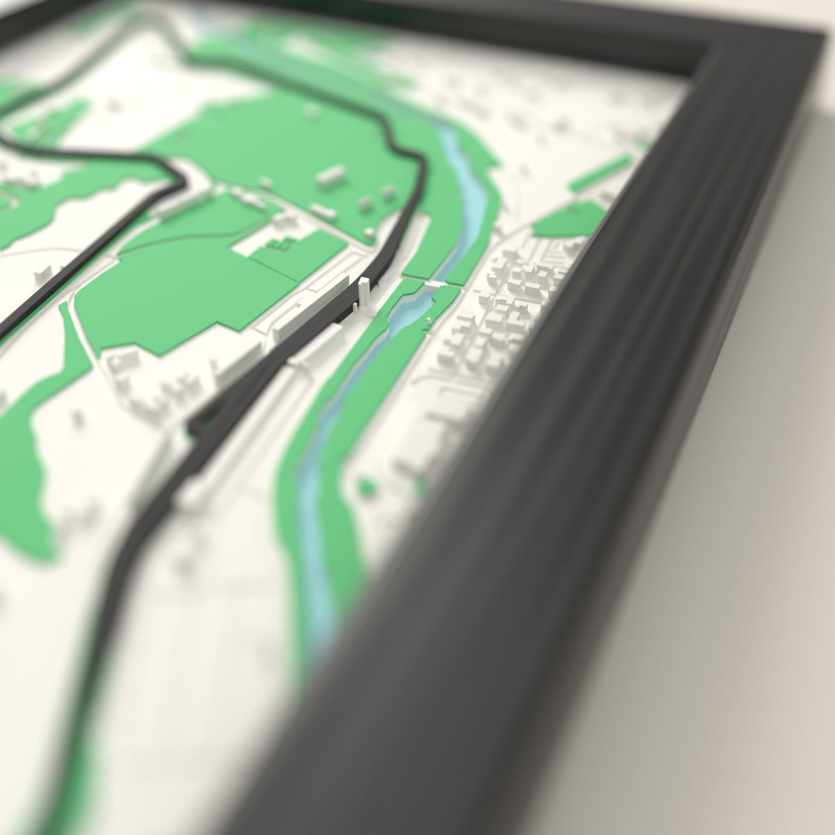 3D Imola Circuit Map Framed - Close-up across the 3D map: the Imola Circuit track standing up from the map