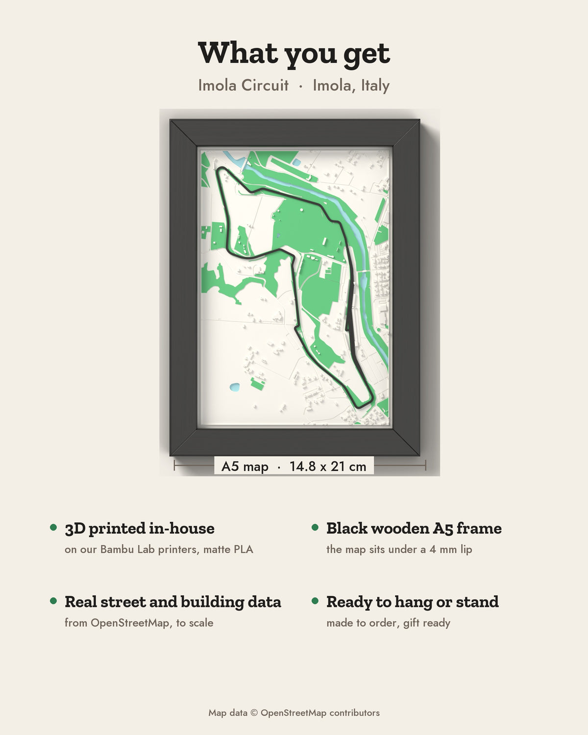 3D Imola Circuit Map Framed - What you get: A5 3D circuit map, 14.8 x 21 cm, in a black wooden frame