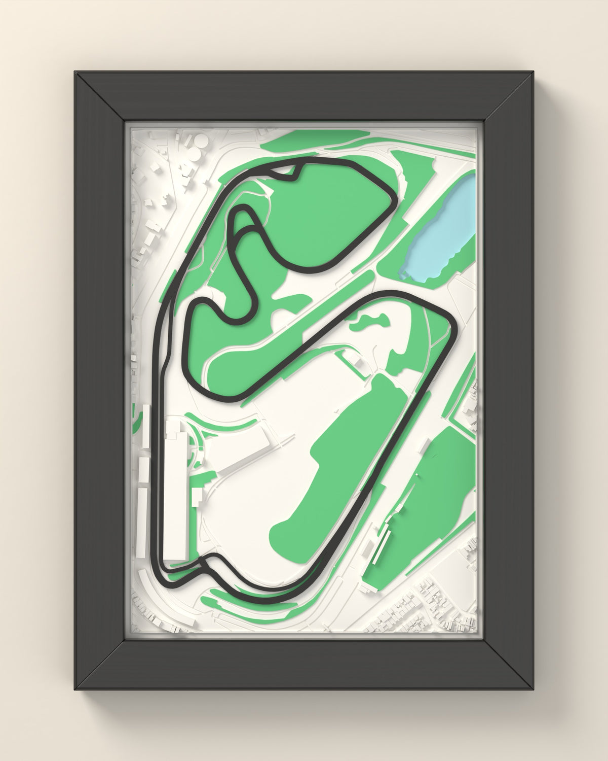 3D Interlagos Circuit Map Framed - 3D printed Interlagos Circuit map in a black wooden A5 frame, the track raised in dark grey