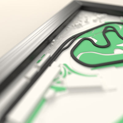3D Interlagos Circuit Map Framed - Close-up across the 3D map: the Interlagos Circuit track standing up from the map