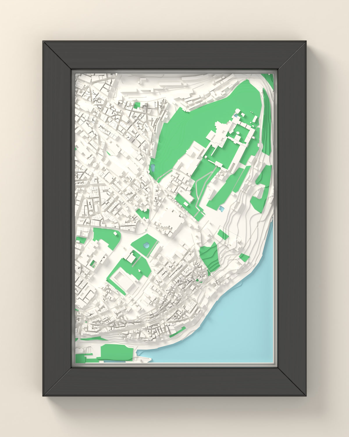 3D Istanbul Map Framed - 3D printed Istanbul map in a black wooden A5 frame, lit from the side