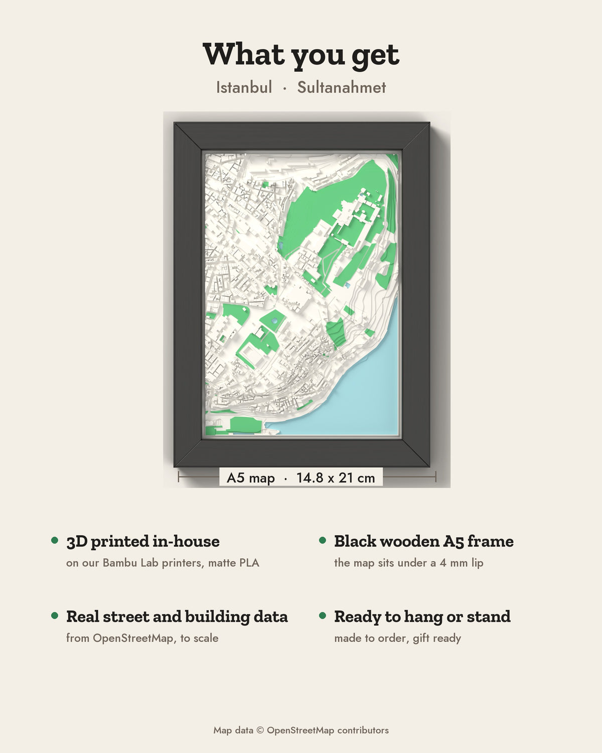 3D Istanbul Map Framed - What you get: A5 3D city map, 14.8 x 21 cm, in a black wooden frame