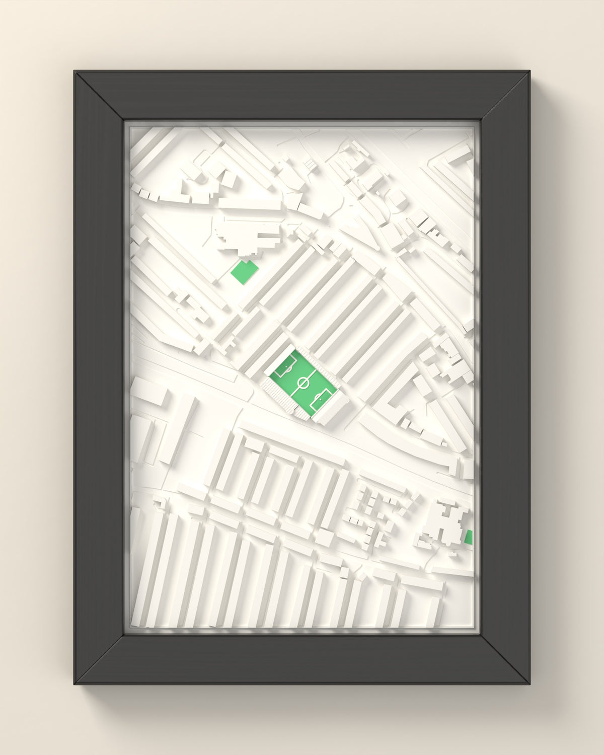 3D Kenilworth Road Map Framed - 3D printed Kenilworth Road map in a black wooden A5 frame, lit from the side