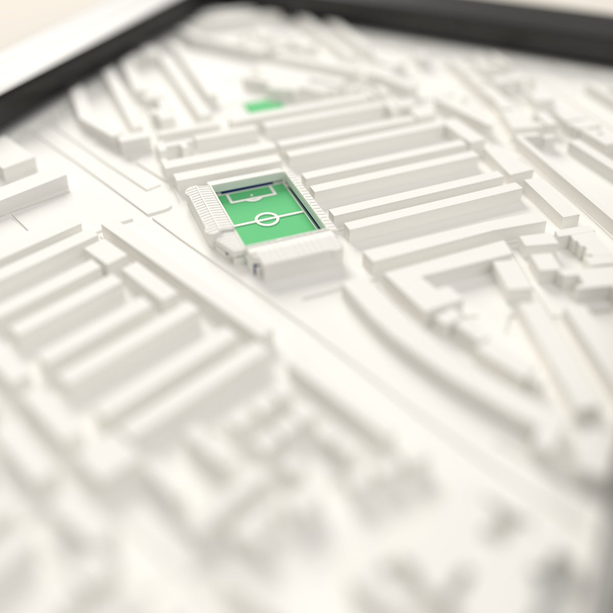 3D Kenilworth Road Map Framed - Close-up across the 3D map showing the Kenilworth Road stands and green pitch standing up from the streets