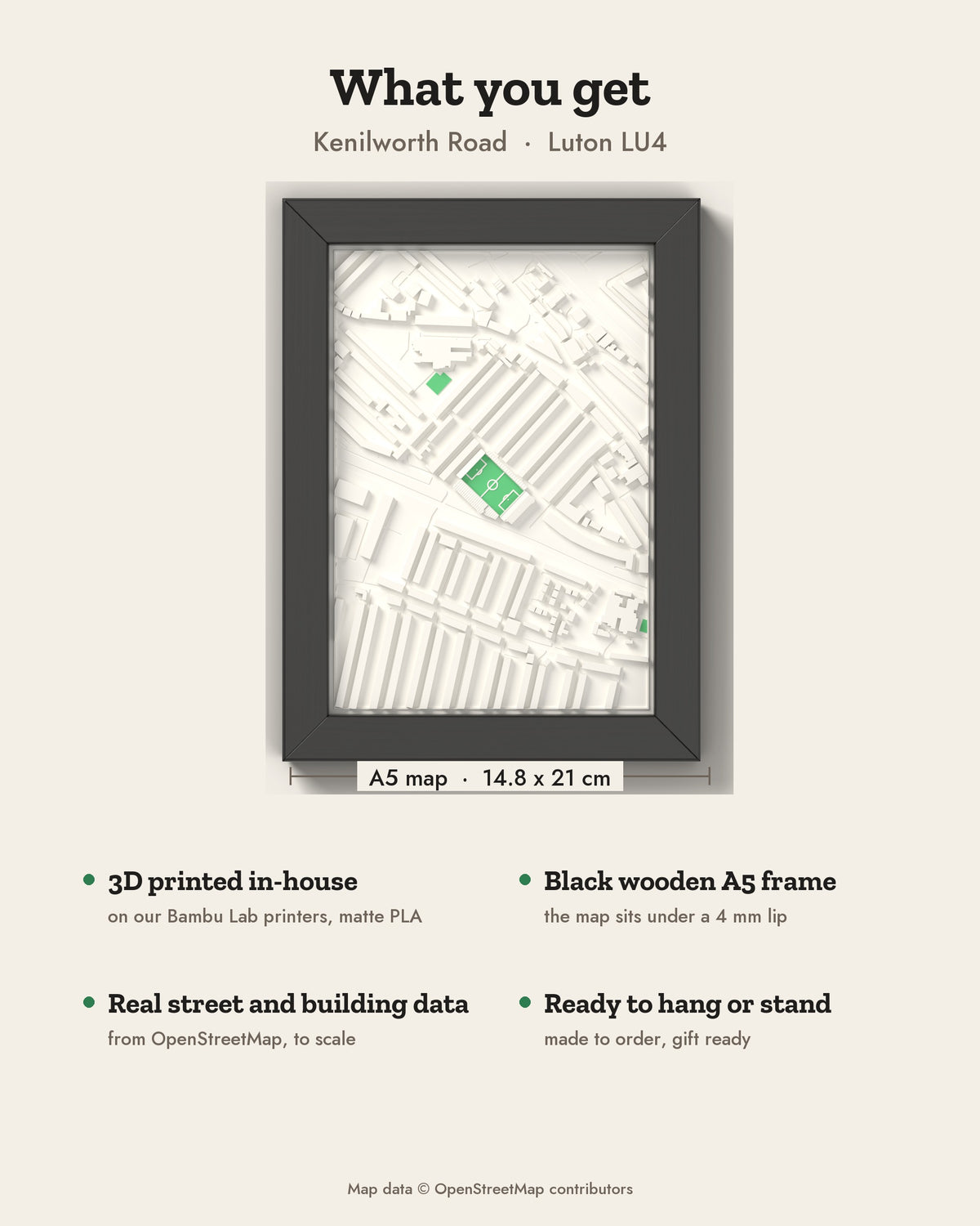 3D Kenilworth Road Map Framed - What you get: A5 3D stadium map, 14.8 x 21 cm, in a black wooden frame
