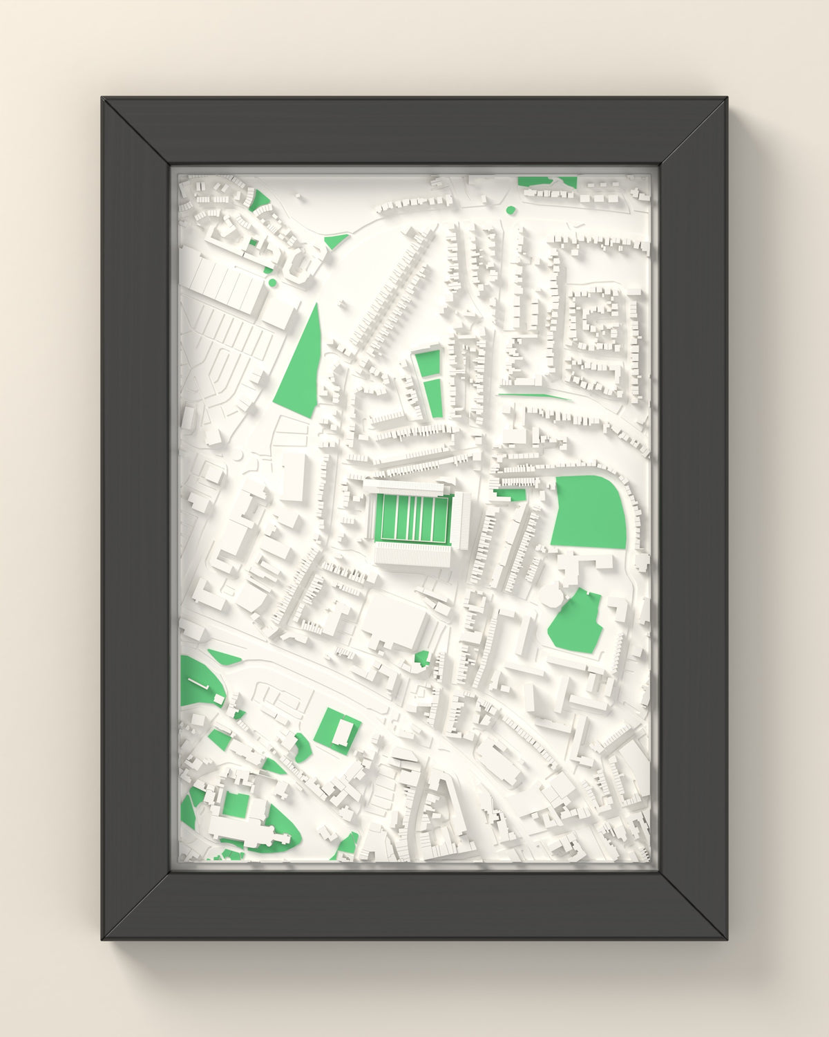 3D Kingsholm Stadium Map Framed - 3D printed Kingsholm Stadium map in a black wooden A5 frame, lit from the side