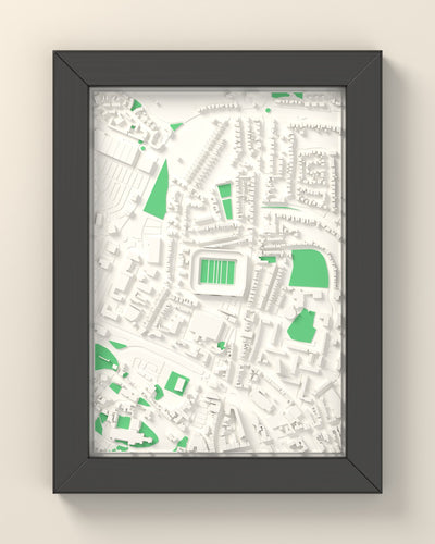 3D Kingsholm Stadium Map Framed - 3D printed Kingsholm Stadium map in a black wooden A5 frame, lit from the side