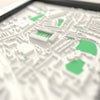 3D Kingsholm Stadium Map Framed - Close-up across the 3D map: the real Kingsholm Stadium stands with red seats around the green pitch