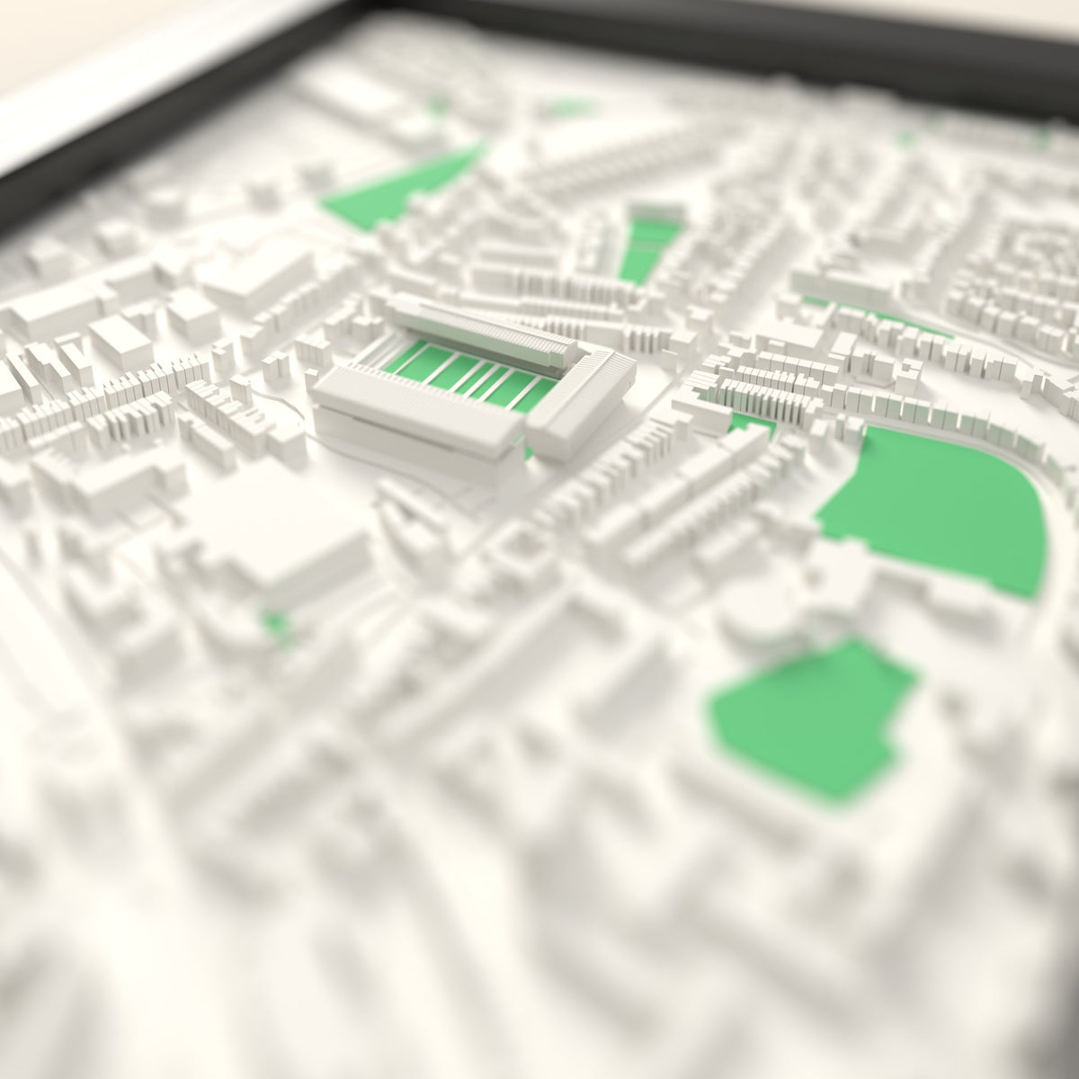 3D Kingsholm Stadium Map Framed - Close-up across the 3D map: the real Kingsholm Stadium stands with red seats around the green pitch