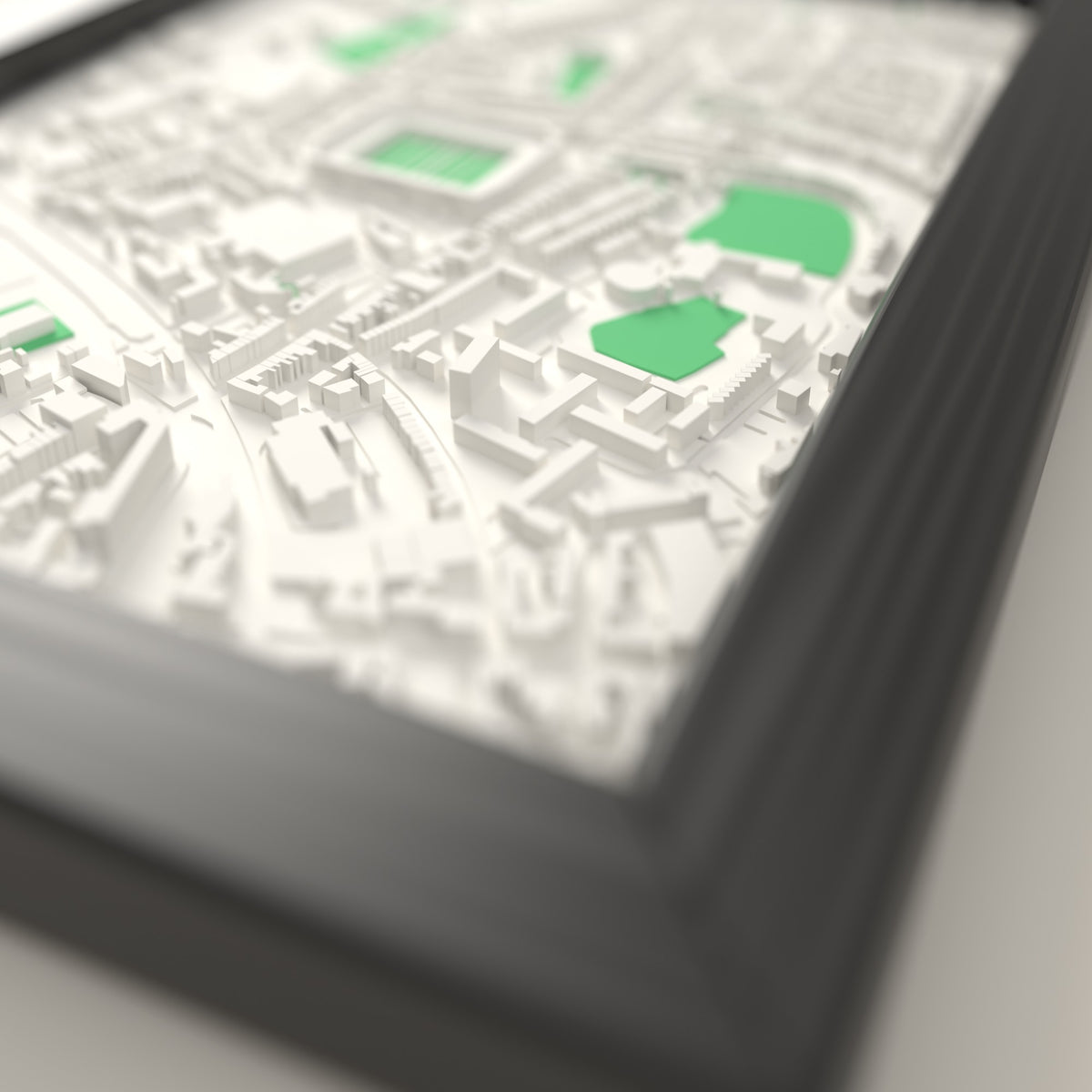 3D Kingsholm Stadium Map Framed - Close-up across the 3D map showing the Kingsholm Stadium stands and green pitch standing up from the streets