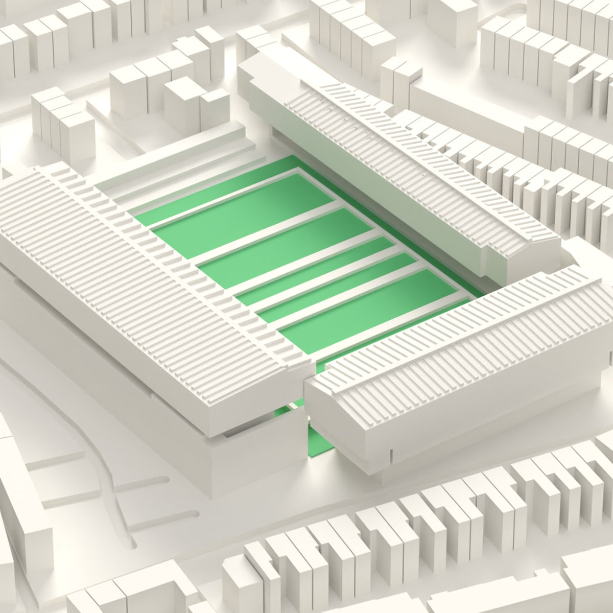 3D Kingsholm Stadium Map Framed - Close-up of the 3D printed Kingsholm: the big main stand roof with its translucent front band and the low pitched Shed
