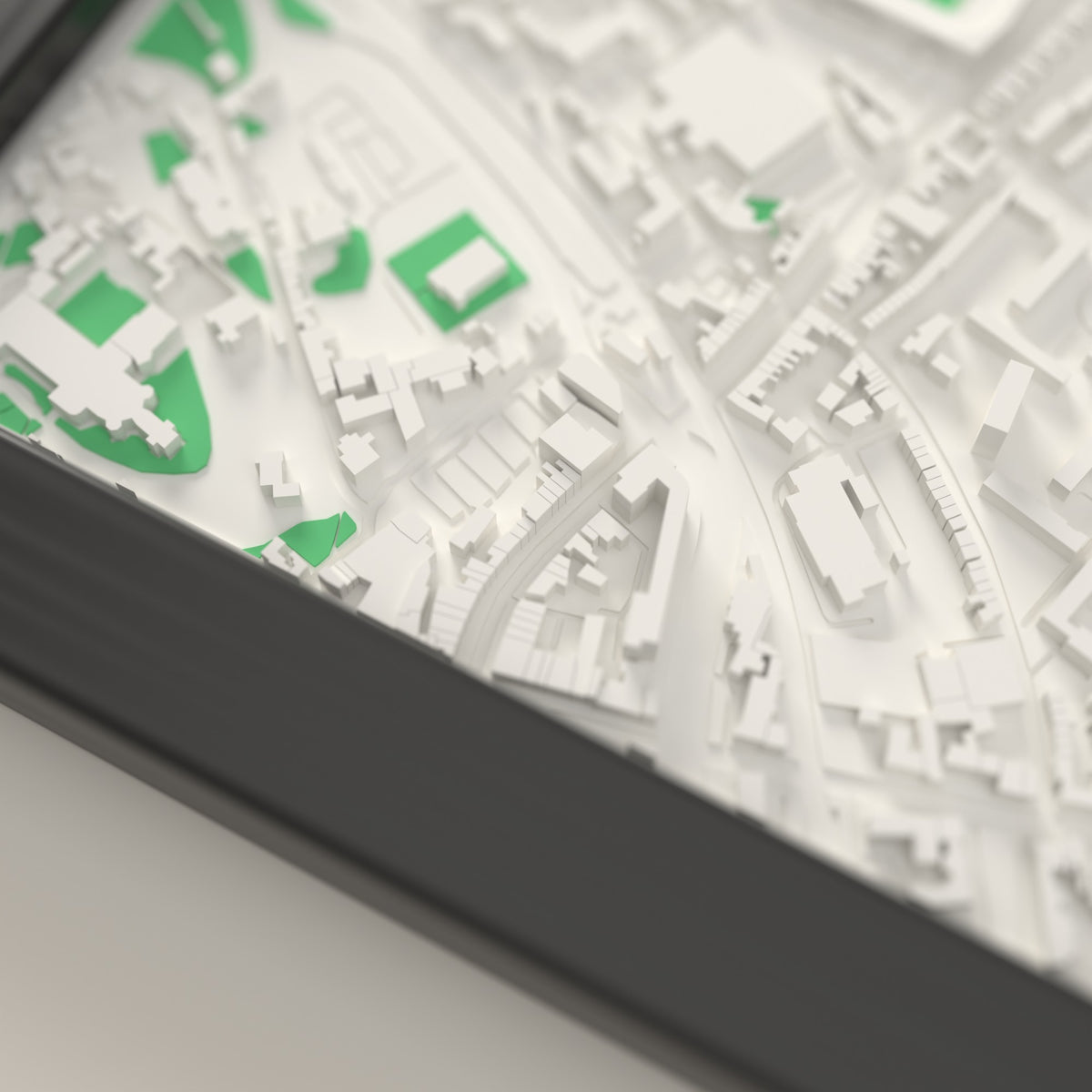 3D Kingsholm Stadium Map Framed - Close-up of the raised streets and buildings around Kingsholm Stadium on the 3D printed map