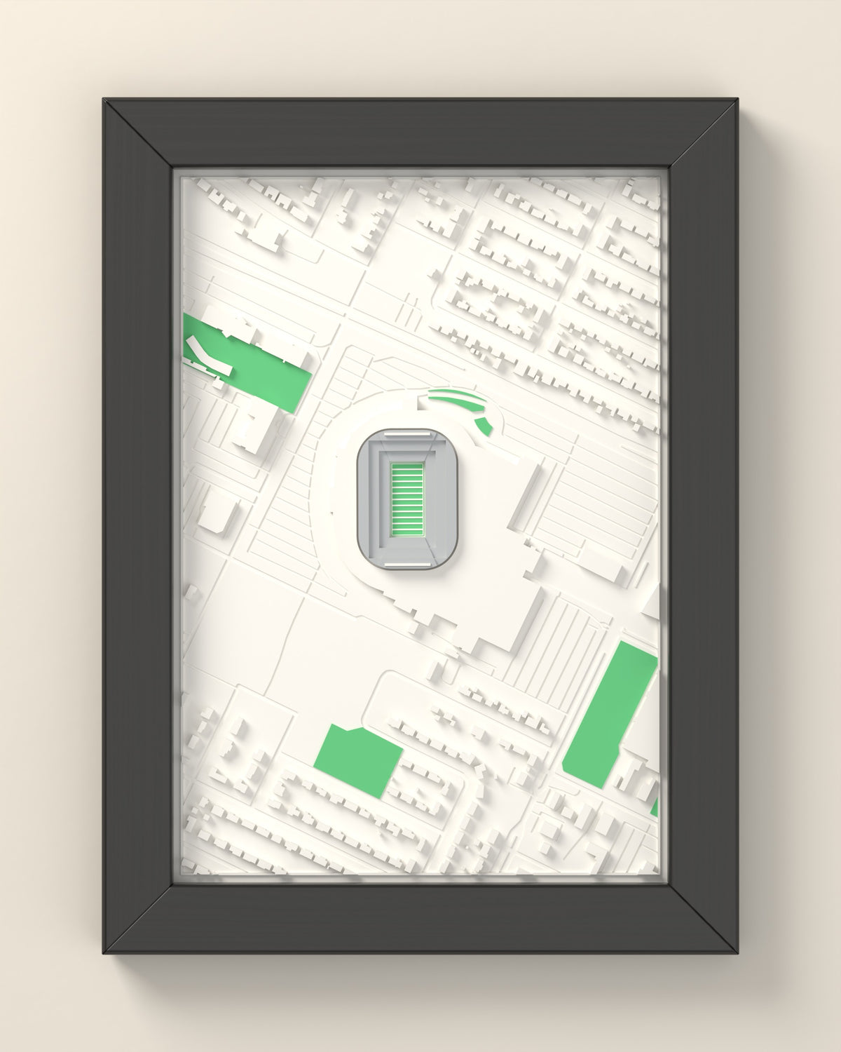 3D Lambeau Field Map Framed - 3D printed Lambeau Field map in a black wooden A5 frame, lit from the side