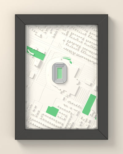 3D Lambeau Field Map Framed - 3D printed Lambeau Field map in a black wooden A5 frame, lit from the side