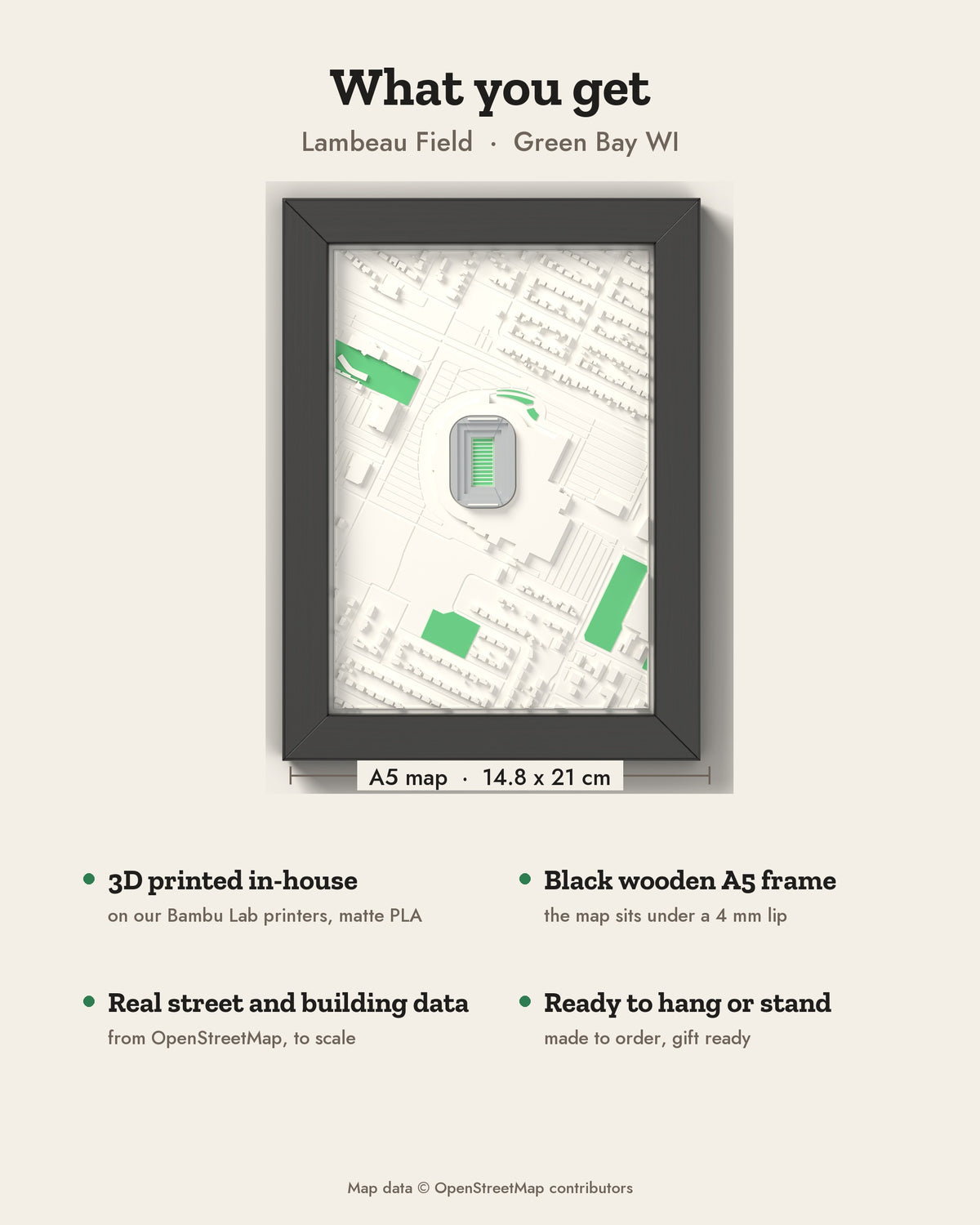 3D Lambeau Field Map Framed - What you get: A5 3D stadium map, 14.8 x 21 cm, in a black wooden frame