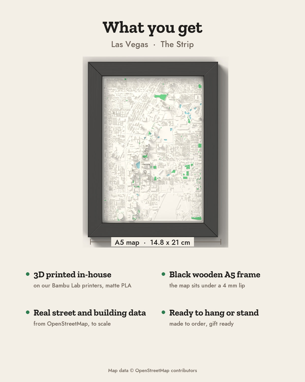 3D Las Vegas Map Framed - What you get: A5 3D city map, 14.8 x 21 cm, in a black wooden frame