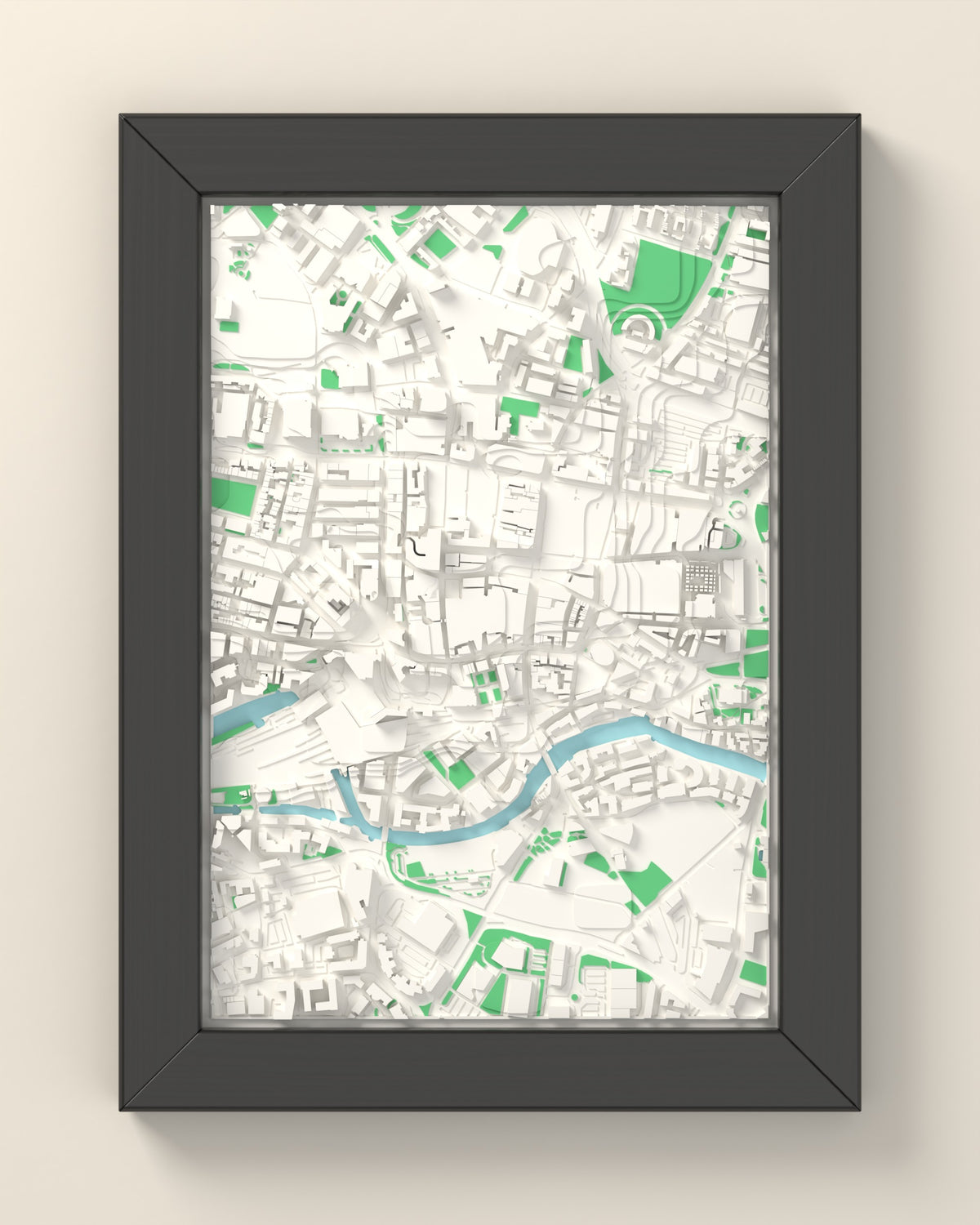 3D Leeds Map Framed - 3D printed Leeds map in a black wooden A5 frame, lit from the side