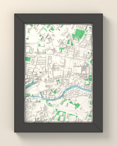 3D Leeds Map Framed - 3D printed Leeds map in a black wooden A5 frame, lit from the side