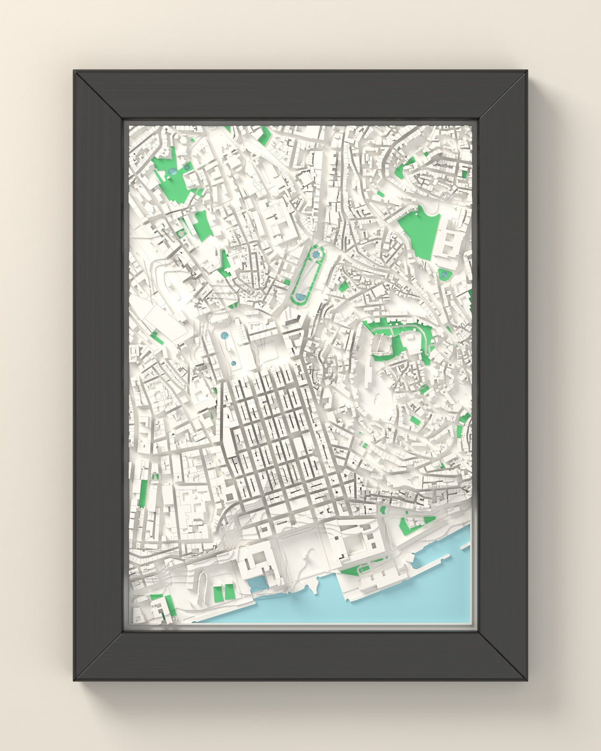 3D Lisbon Map Framed - 3D printed Lisbon map in a black wooden A5 frame, lit from the side