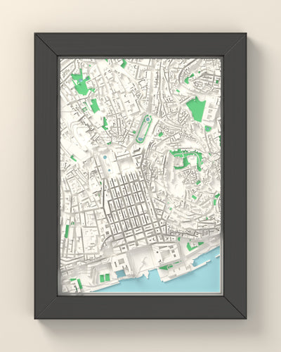 3D Lisbon Map Framed - 3D printed Lisbon map in a black wooden A5 frame, lit from the side