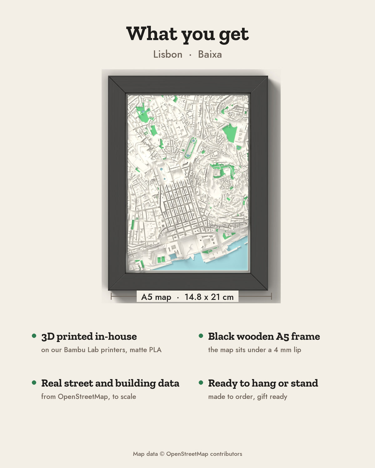 3D Lisbon Map Framed - What you get: A5 3D city map, 14.8 x 21 cm, in a black wooden frame