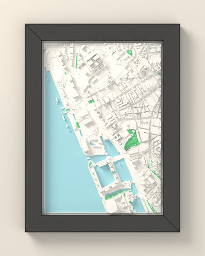 3D Liverpool Map Framed - 3D printed Liverpool map in a black wooden A5 frame, lit from the side