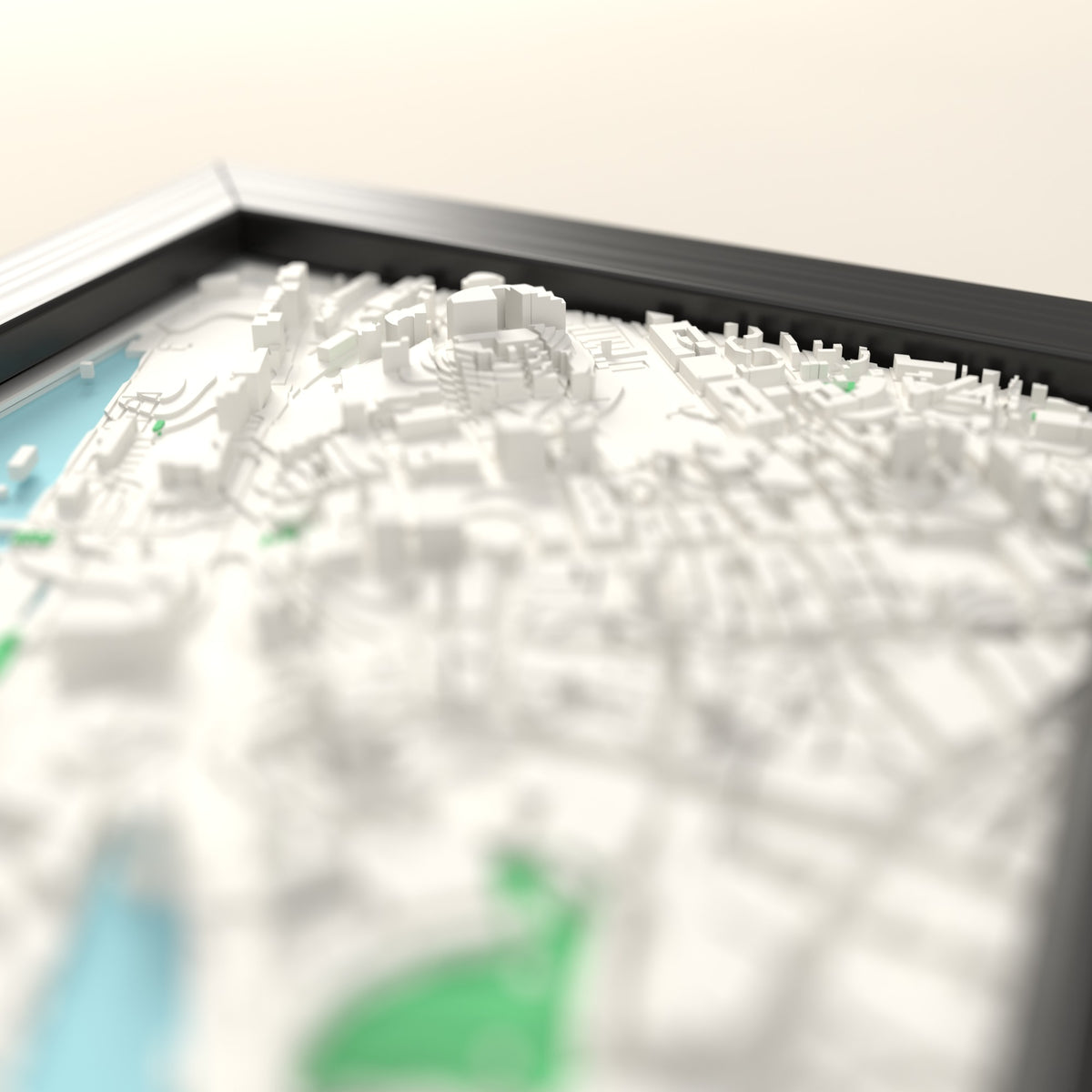 3D Liverpool Map Framed - Close-up across the 3D Liverpool map showing the raised streets and buildings