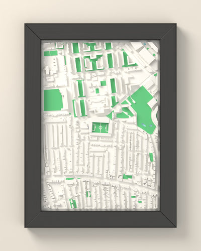 3D Loftus Road Map Framed - 3D printed Loftus Road map in a black wooden A5 frame, lit from the side