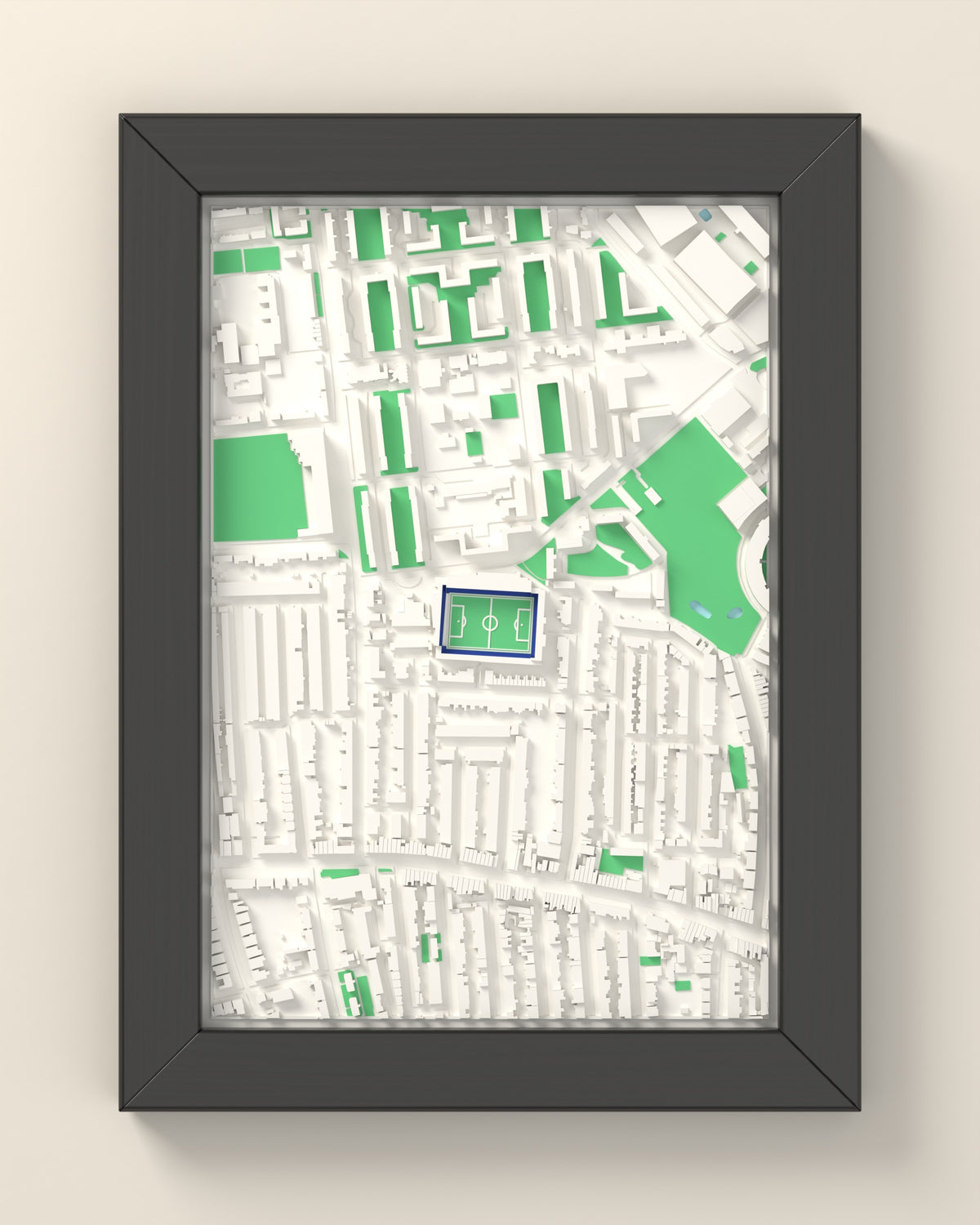 3D Loftus Road Map Framed - 3D printed Loftus Road map in a black wooden A5 frame, lit from the side