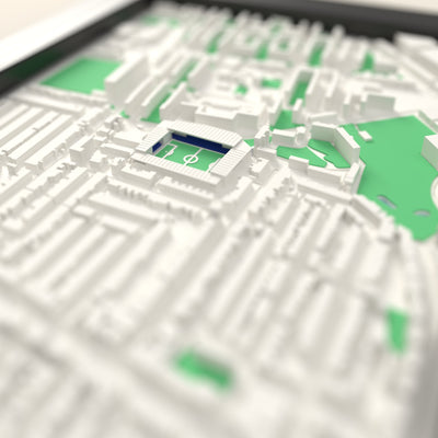 3D Loftus Road Map Framed - Close-up across the 3D map: the real Loftus Road stands with royal blue seats around the green pitch