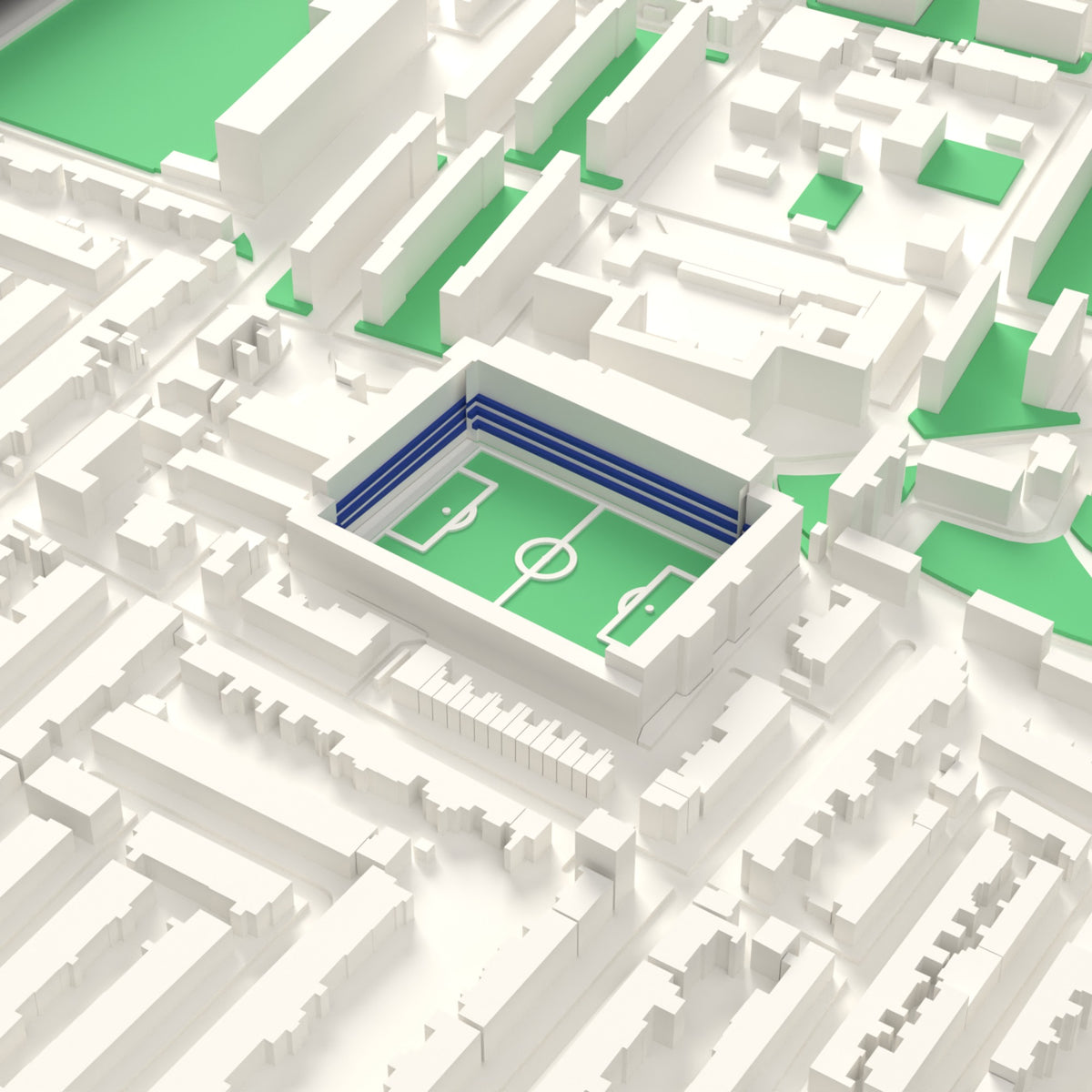 3D Loftus Road Map Framed - Detail of the 3D printed Loftus Road: every stand modelled from the real ground, seats in royal blue