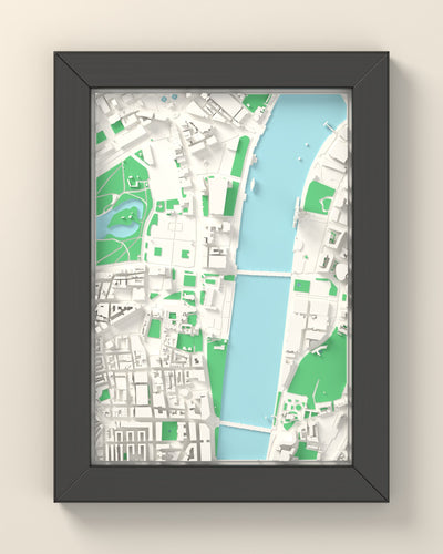 3D London Map Framed - 3D printed London map in a black wooden A5 frame, lit from the side