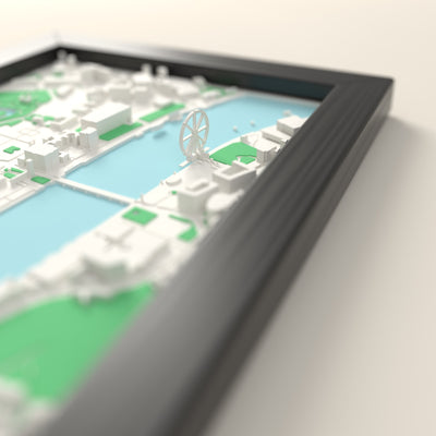 3D London Map Framed - Close-up across the 3D London map showing the raised streets and buildings