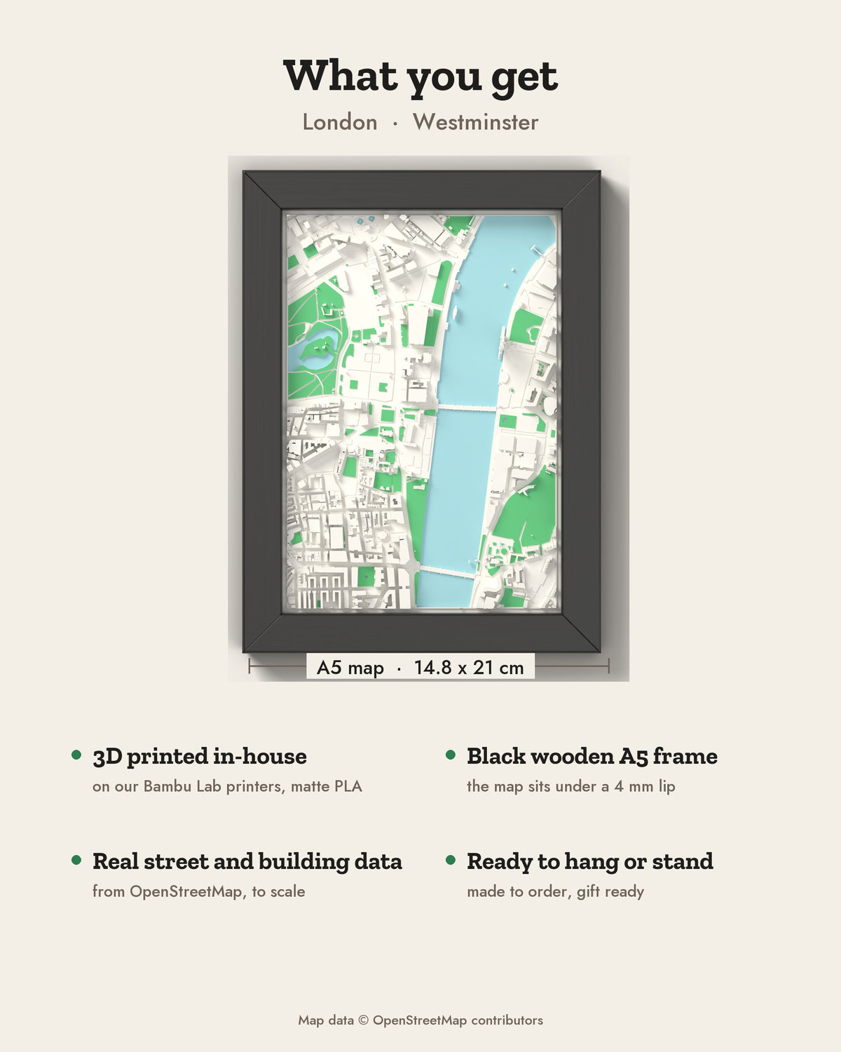 3D London Map Framed - What you get: A5 3D city map, 14.8 x 21 cm, in a black wooden frame