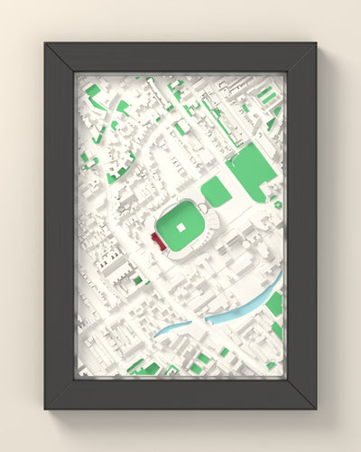 3D Lord's Cricket Ground Map Framed - 3D printed Lord's Cricket Ground map in a black wooden A5 frame, lit from the side