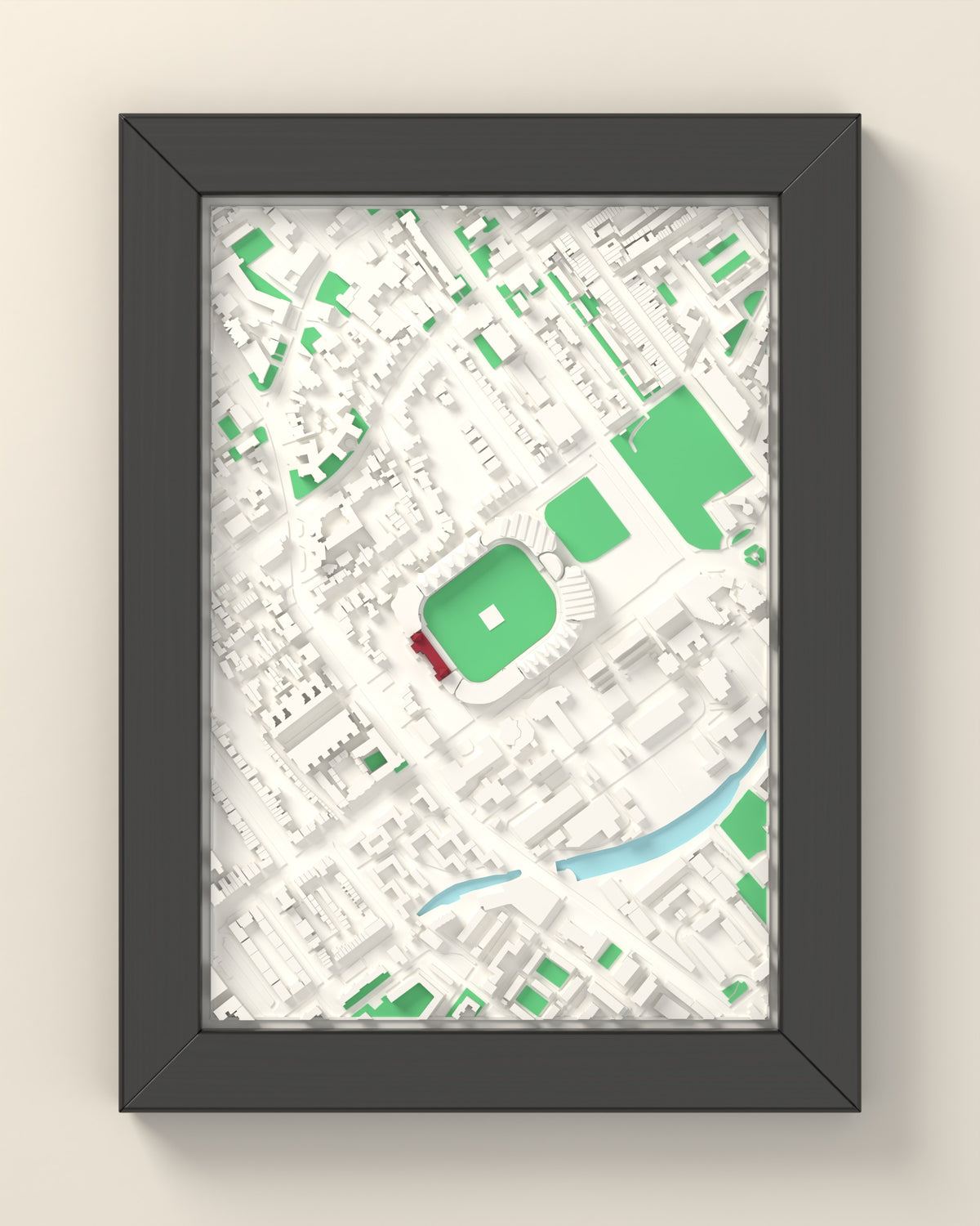 3D Lord's Cricket Ground Map Framed - 3D printed Lord's Cricket Ground map in a black wooden A5 frame, lit from the side